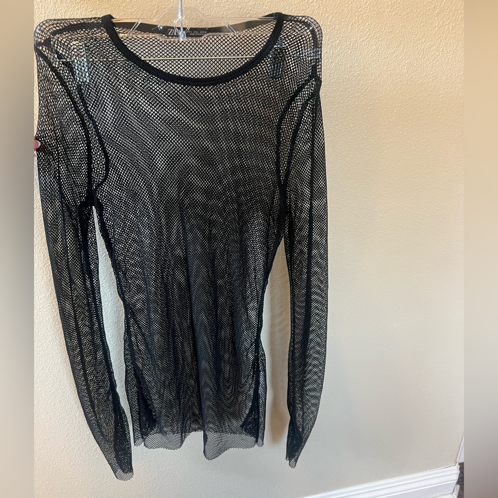Zara Black Sheer Mesh Long-Sleeve Women's Top. Size L.